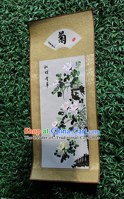 Traditional Chinese Miao Nationality Minority Crafts Hmong Xiangxi Embroidery Decorative Paintings, Embroidery Chrysanthemum Scroll Painting for Friends