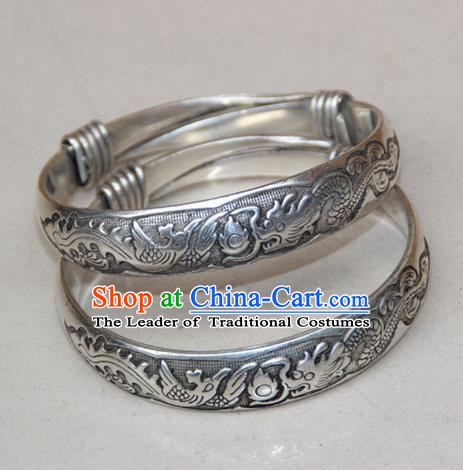 Traditional Chinese Miao Ethnic Minority Miao Silver Chinese Dragon Bracelet, Hmong Handmade Bracelet Jewelry Accessories for Women
