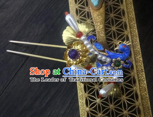 Traditional Handmade Chinese Ancient Classical Hair Accessories Barrettes Imperial Emperess Butterfly Phoenix Hairpin, Blueing Hair Sticks Hair Jewellery, Hair Fascinators Hairpins for Women