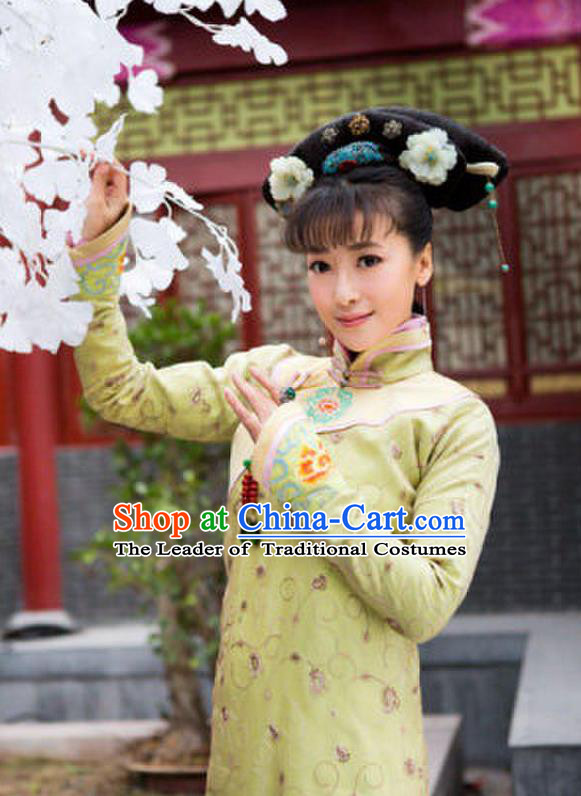 Traditional Ancient Chinese Imperial Emperess Costume, Chinese Qing Dynasty Young Lady Dress, Chinese Manchu Princess Green Clothing for Women