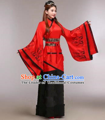 Traditional Ancient Chinese Imperial Emperess Costume, Chinese Han Dynasty Princess Dress, Cosplay Chinese Peri Concubine Embroidered Red Hanfu Clothing for Women