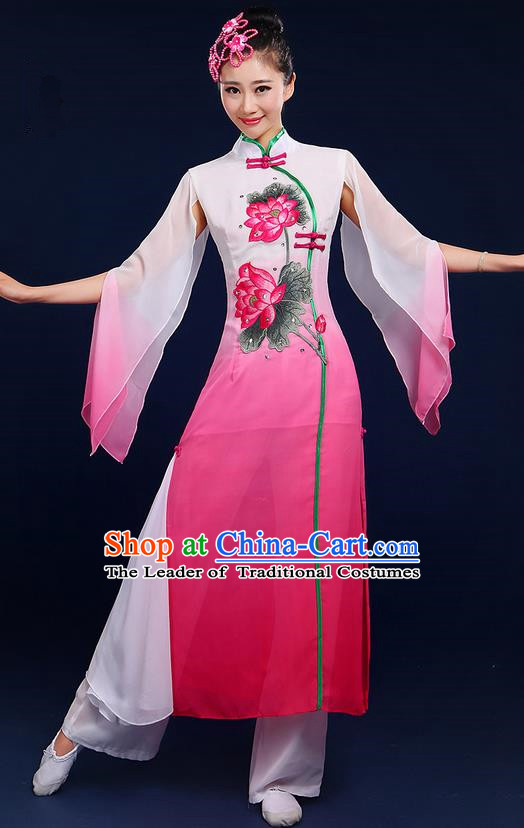 Traditional Chinese Yangge Fan Dancing Costume, Folk Dance Yangko Uniforms, Classic Umbrella Lotus Dance Elegant Dress Drum Dance Pink Clothing for Women