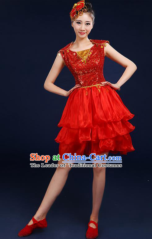 Traditional Chinese Modern Dancing Compere Costume, Women Opening Classic Chorus Singing Group Dance Paillette Bubble Uniforms, Modern Dance Classic Dance Red Short Dress for Women