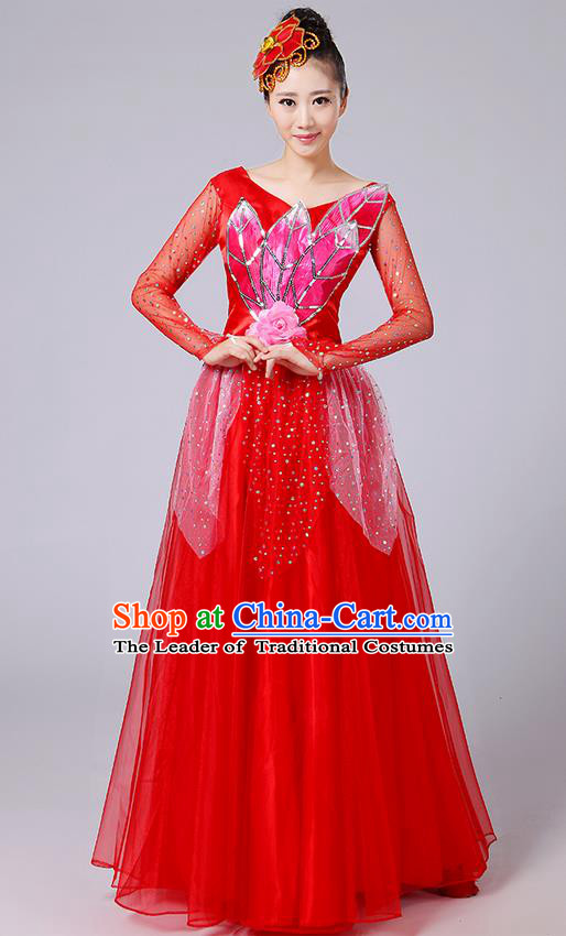 Traditional Chinese Style Modern Dancing Compere Costume, Women Opening Classic Chorus Singing Group Dance Uniforms, Modern Dance Classic Dance Red Long Big Swing Dress for Women