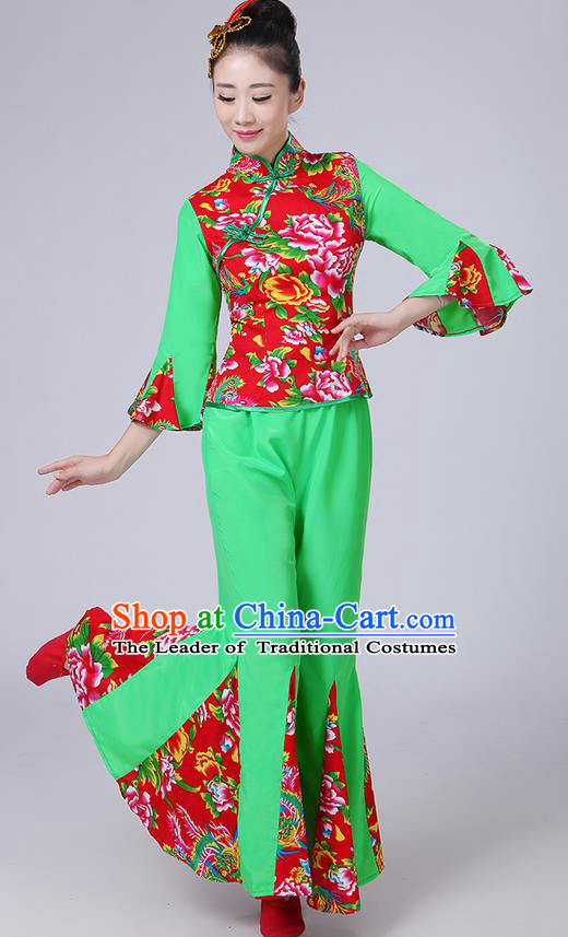 Traditional Chinese Yangge Fan Dancing Costume, Folk Dance Yangko Mandarin Sleeve Phoenix Peony Blouse and Pants Uniforms, Classic Dance Elegant Dress Drum Dance Green Clothing for Women