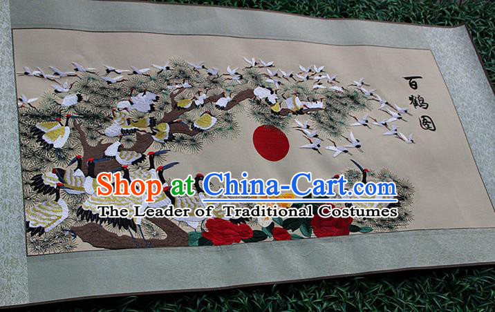 Traditional Chinese Miao Nationality Minority Crafts Hmong Xiangxi Embroidery Decorative Paintings, Embroidery Crane Figure Scroll Painting for Friends