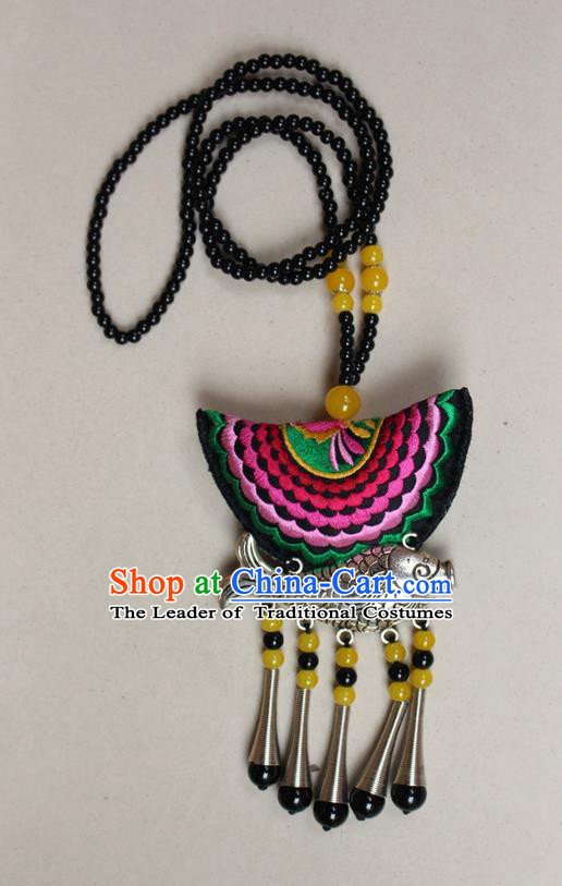 Traditional Chinese Miao Nationality Crafts Jewelry Accessory, Hmong Handmade Miao Silver Fish Beads Tassel Double Side Embroidery Pendant, Miao Ethnic Minority Necklace Accessories Sweater Chain Pendant for Women