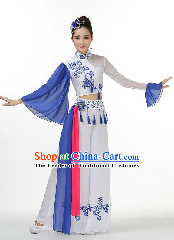 Traditional Chinese Yangge Fan Dancing Costume, Folk Dance Yangko Mandarin Collar Peony Painting Tassel Uniforms, Classic Lotus Dance Elegant Big Swing Dress Drum Dance Clothing for Women