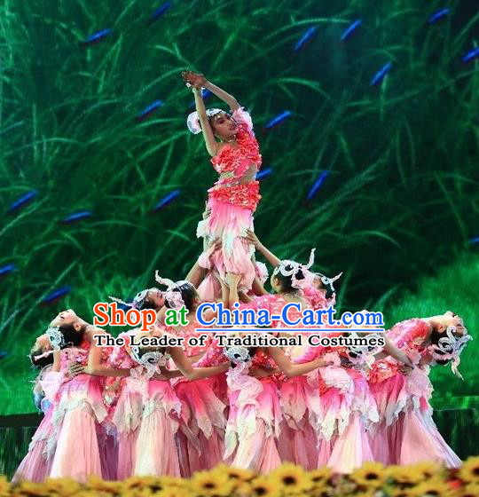 Traditional Chinese Dai Nationality Peacock Dancing Costume, Folk Dance Ethnic Paillette Fishtail Dress Palace Princess Uniform, Chinese Minority Nationality Dancing Pink Clothing for Kids