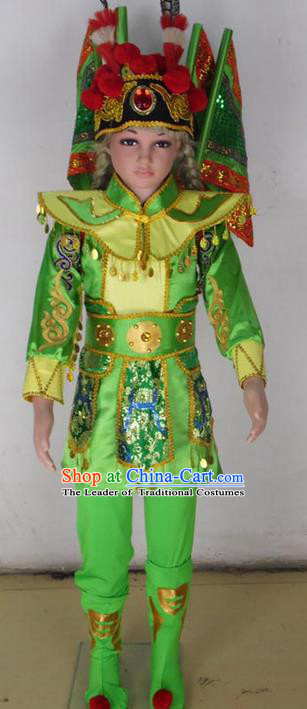 Traditional Chinese Peking Opera KnifeHorseDawn Costume and Hat Complete Set, Folk Dance Yangko Uniforms, Classic Umbrella Dance Elegant Dress Drum Dance Green Clothing for Kids