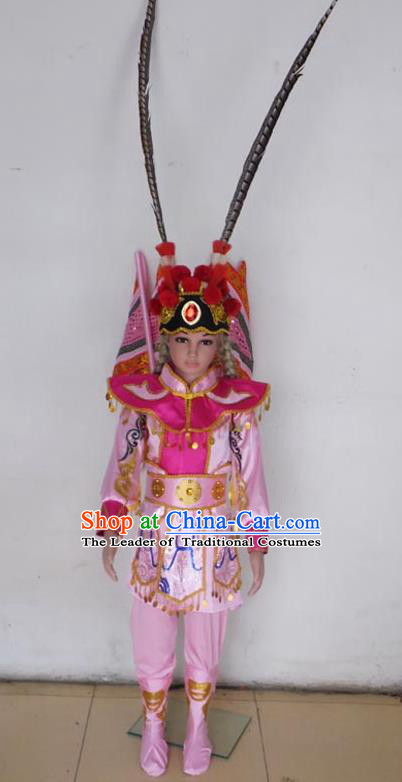 Traditional Chinese Peking Opera KnifeHorseDawn Costume and Hat Complete Set, Chinese Swordsman Children Uniforms, Classic Dance Elegant Dress Drum Dance Pink Clothing for Kids