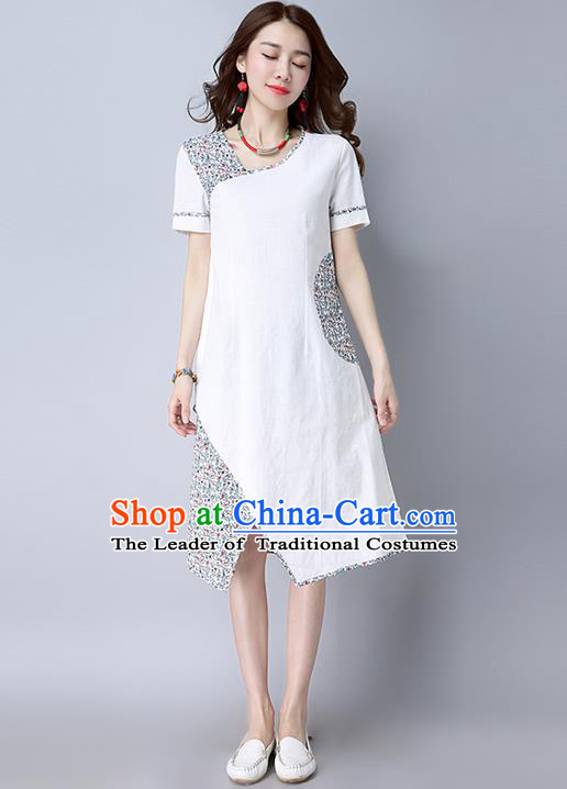 Traditional Ancient Chinese National Costume, Elegant Hanfu Printing Dress, China National Minority Tang Suit Cheongsam Upper Outer Garment White Dress Clothing for Women