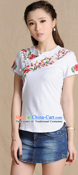 Traditional Ancient Chinese National Costume, Elegant Hanfu Shirt, China Tang Suit Embroidered Peach Blossom White Blouse Cheongsam Upper Outer Garment Clothing for Women