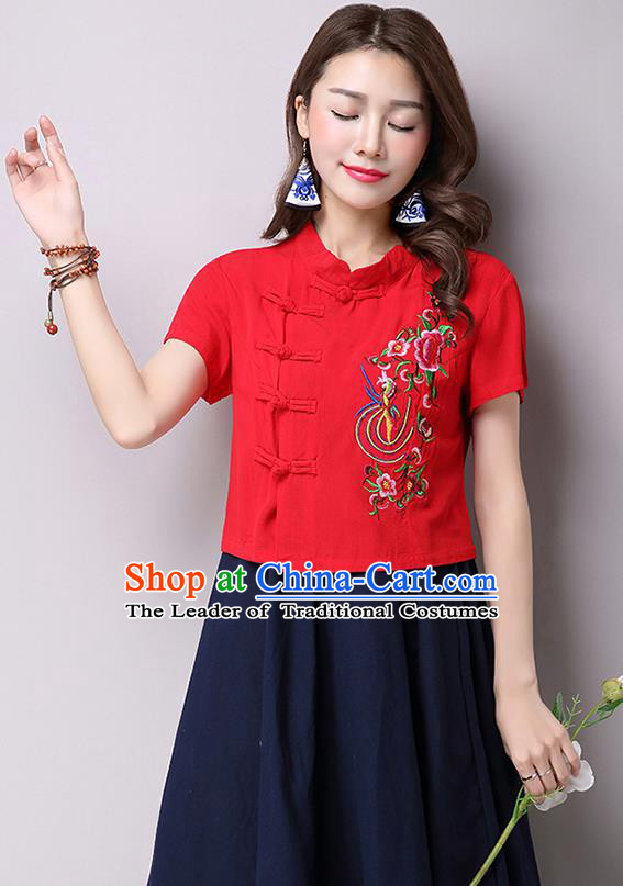 Traditional Ancient Chinese National Costume, Elegant Hanfu Shirt, China Tang Suit Red Embroidered Stand Collar Blouse Cheongsam Upper Outer Garment Shirt Clothing for Women