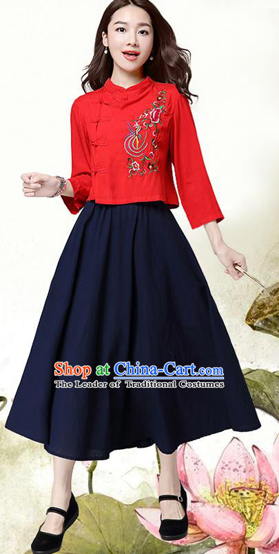 Traditional Ancient Chinese National Costume, Elegant Hanfu Shirt, China Tang Suit Long Sleeve Red Embroidered Stand Collar Blouse Cheongsam Upper Outer Garment Shirt Clothing for Women