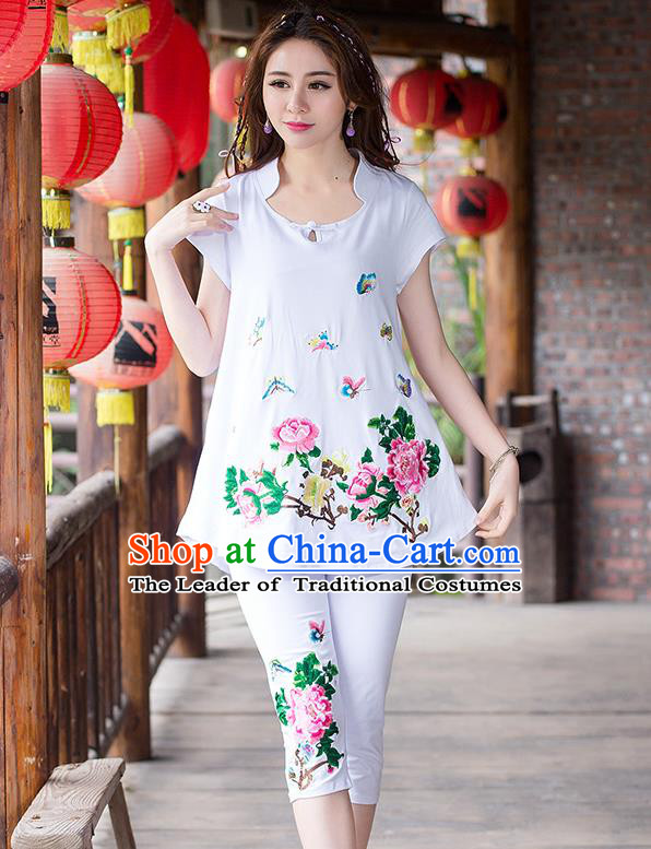 Traditional Ancient Chinese National Costume, Elegant Hanfu Embroidered T-Shirt and Pants, China Tang Suit Embroidered Butterfly White Blouse Cheongsam Upper Outer Garment Clothing for Women