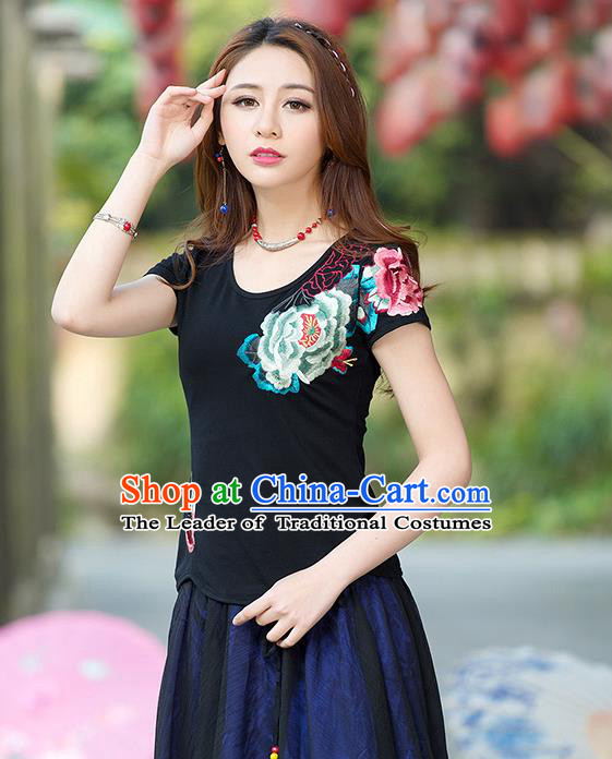 Traditional Ancient Chinese National Costume, Elegant Hanfu Round Collar T-Shirt, China Tang Suit Embroidered Peony Black Blouse Cheongsam Upper Outer Garment Shirts Clothing for Women