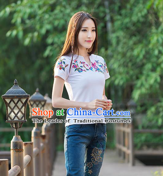 Traditional Ancient Chinese National Costume, Elegant Hanfu Short Sleeve T-Shirt, China Tang Suit Embroidered White Blouse Cheongsam Upper Outer Garment Shirts Clothing for Women