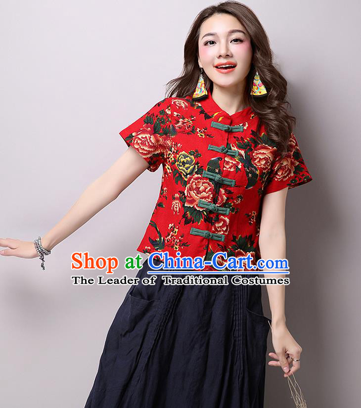 Traditional Ancient Chinese National Costume, Elegant Hanfu Plated Buttons Shirt, China Tang Suit Red Blouse Cheongsam Upper Outer Garment Shirts Clothing for Women