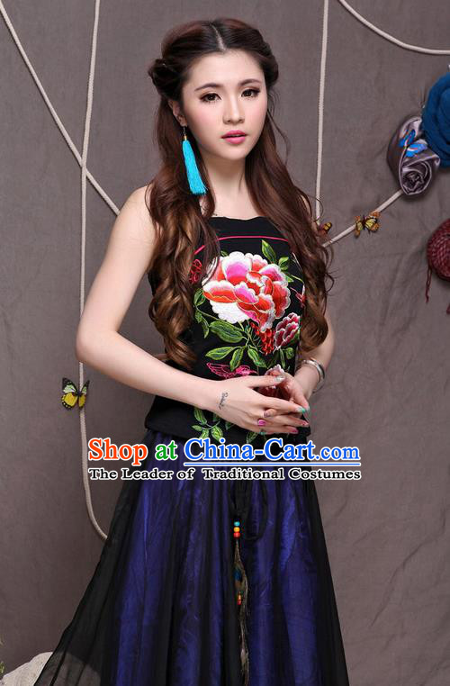 Traditional Ancient Chinese National Costume, Elegant Hanfu Halter Camisole Sleeveless Vests, China National Minority Tang Suit Black Embroidered Red Peony Waistcoat Upper Outer Garment Clothing for Women