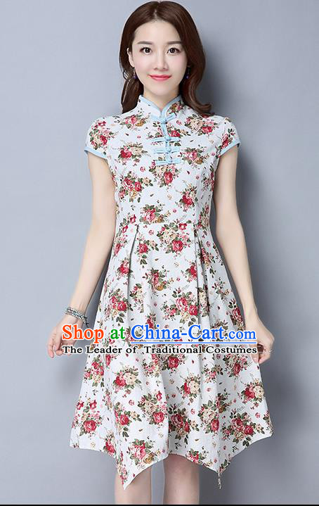 Traditional Ancient Chinese National Costume, Elegant Hanfu White Floral Dress, China National Minority Tang Suit Cheongsam Upper Outer Garment Qipao Dress Clothing for Women