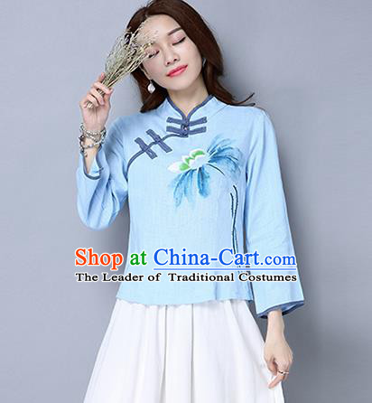 Traditional Ancient Chinese National Costume, Elegant Hanfu Plated Buttons Shirt, China Tang Suit Printing Blue Blouse Cheongsam Upper Outer Garment Qipao Shirts Clothing for Women