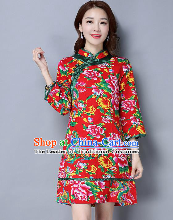 Traditional Ancient Chinese National Costume, Elegant Hanfu Plated Button Green Printing Peony Red Dress, China Tang Suit Cheongsam Dress Upper Outer Garment Dress Clothing for Women