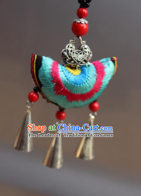 Traditional Chinese Miao Nationality Crafts Jewelry Accessory, Hmong Handmade Miao Silver Bells Tassel Double Side Embroidery Pendant, Miao Ethnic Minority Bells Necklace Accessories Sweater Chain Pendant for Women