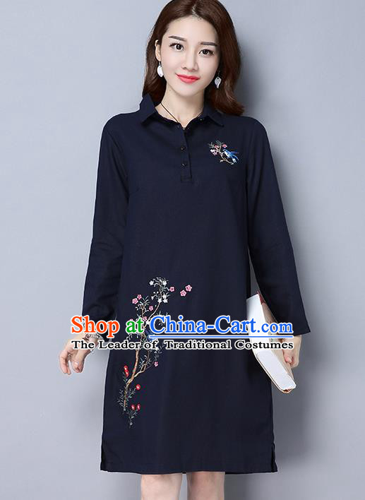 Traditional Ancient Chinese National Costume, Elegant Hanfu Hand Embroidered Dress, China Tang Suit Embroidered Cheongsam Upper Outer Garment Elegant Navy Dress Clothing for Women