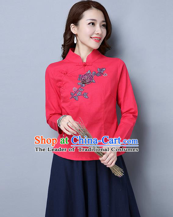 Traditional Ancient Chinese National Costume, Elegant Hanfu Embroidered Plated Buttons Shirt, China Tang Suit Embroidered Peony Red Blouse Cheongsam Upper Outer Garment Qipao Shirts Clothing for Women