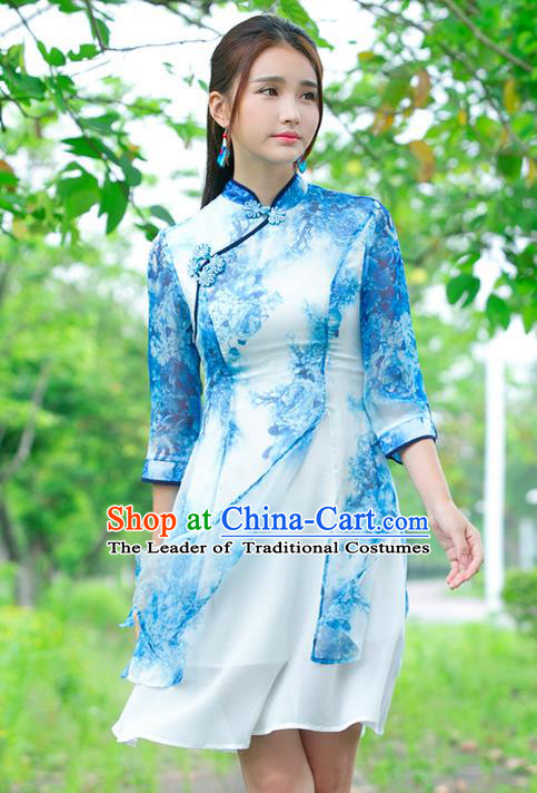 Traditional Ancient Chinese National Costume, Elegant Hanfu Plated Buttons Chiffon Printing Dress, China Tang Suit Cheongsam Upper Outer Garment Blue Dress Clothing for Women