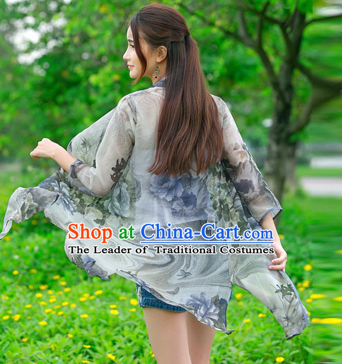 Traditional Ancient Chinese National Costume, Elegant Hanfu Chiffon Cardigan Coat, China Tang Suit Plated Buttons Cape, Upper Outer Garment Grey Dust Coat Cloak Clothing for Women