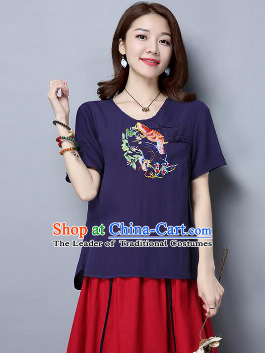 Traditional Ancient Chinese National Costume, Elegant Hanfu Short Sleeve Plated Buttons T-Shirt, China Tang Suit Embroidered Navy Blouse Cheongsam Upper Outer Garment Shirts Clothing for Women