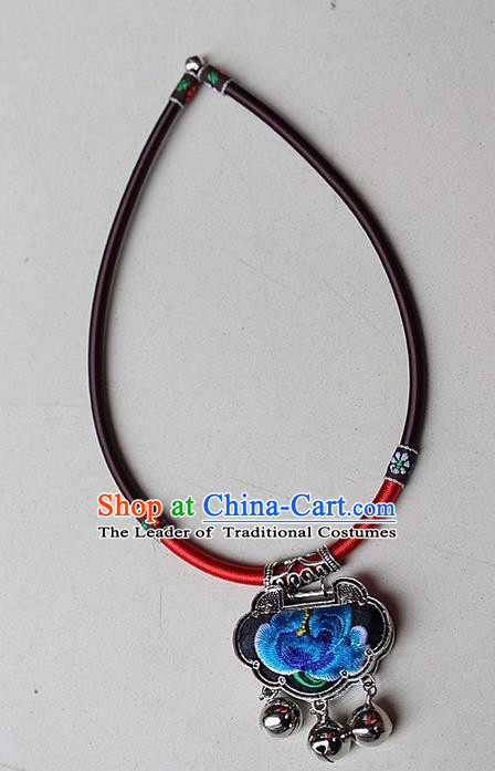 Traditional Chinese Miao Nationality Crafts Jewelry Accessory, Hmong Handmade Miao Silver Embroidery Bells Tassel Pendant, Miao Ethnic Minority Bells Necklace Accessories Sweater Chain Pendant for Women