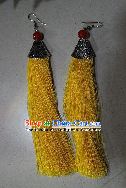 Traditional Chinese Miao Nationality Crafts Jewelry Accessory Classical Earbob Accessories, Hmong Handmade Palace Lady Yellow Silk Tassel Earrings, Miao Ethnic Minority Eardrop for Women