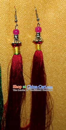 Traditional Chinese Miao Nationality Crafts Jewelry Accessory Classical Earbob Accessories, Hmong Handmade Palace Lady Red Silk Tassel Earrings, Miao Ethnic Minority Eardrop for Women