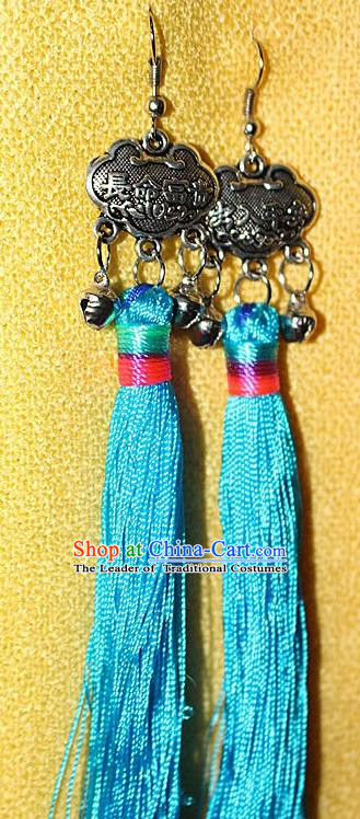 Traditional Chinese Miao Nationality Crafts Jewelry Accessory Classical Earbob Accessories, Hmong Handmade Miao Silver Longevity Lock Palace Lady Blue Silk Tassel Earrings, Miao Ethnic Minority Eardrop for Women