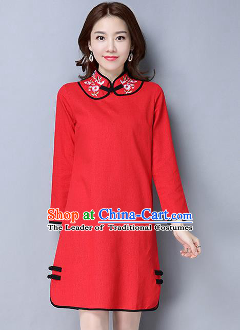 Traditional Ancient Chinese National Costume, Elegant Hanfu Plated Button Embroidered Stand Collar Red Dress, China Tang Suit Cheongsam Dress Upper Outer Garment Dress Clothing for Women
