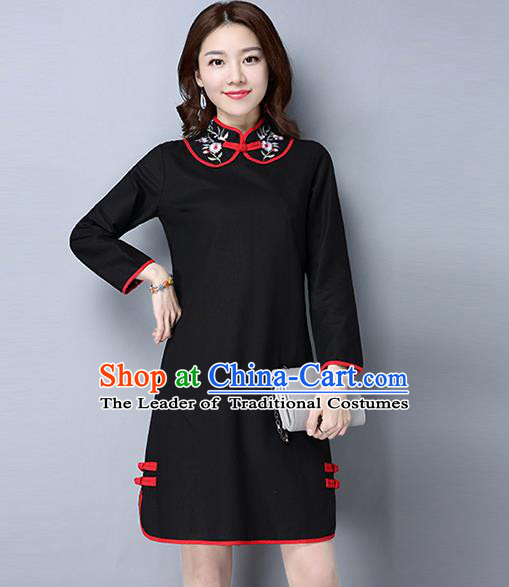 Traditional Ancient Chinese National Costume, Elegant Hanfu Plated Button Embroidered Stand Collar Black Dress, China Tang Suit Cheongsam Dress Upper Outer Garment Dress Clothing for Women