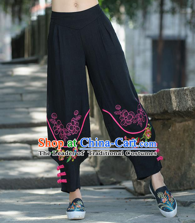 Traditional Ancient Chinese National Costume Trousers, Elegant Hanfu Embroidered Flowers Pants, China Tang Suit Cotton Black Leisure Pants for Women