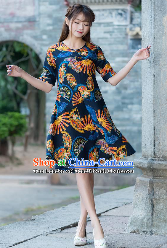Traditional Chinese National Costume, Elegant Hanfu Printing Color Matching Dress, China Tang Suit Cheongsam Upper Outer Garment Elegant Navy Dress Clothing for Women