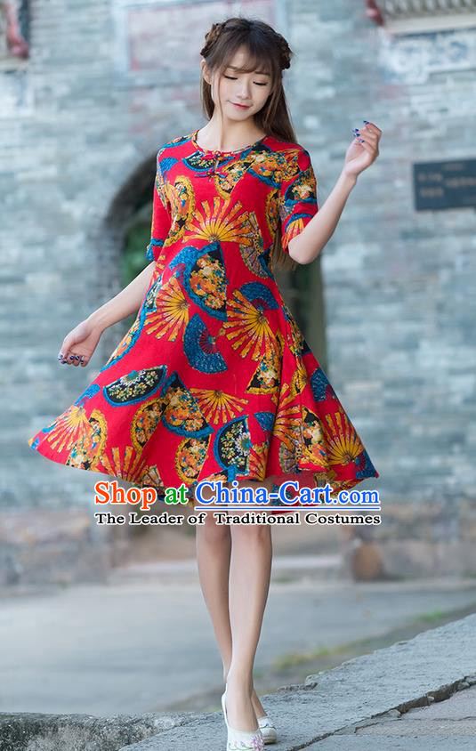 Traditional Chinese National Costume, Elegant Hanfu Printing Color Matching Dress, China Tang Suit Cheongsam Upper Outer Garment Elegant Red Dress Clothing for Women