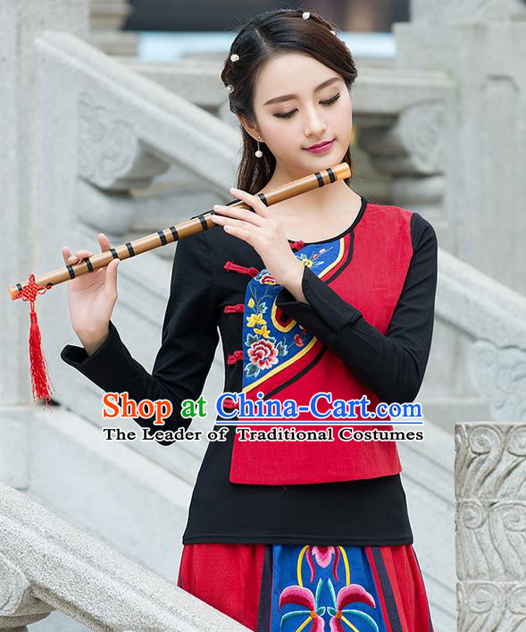 Traditional Ancient Chinese National Costume, Elegant Hanfu Embroidered T-Shirt, China Tang Suit Long Sleeve Blouse Cheongsam Qipao Shirts Clothing for Women