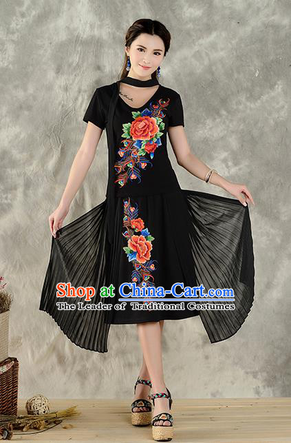 Traditional Ancient Chinese National Costume, Elegant Hanfu Embroidered Peony Halter Tops Black T-Shirt, China Tang Suit Short Sleeve Blouse Cheongsam Qipao Shirts Clothing for Women