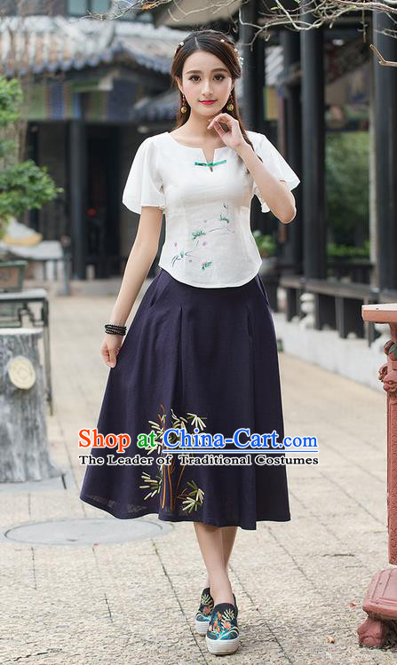 Traditional Ancient Chinese National Costume, Elegant Hanfu Linen Round Collar Shirt, China Tang Suit Mandarin Sleeve Blouse Cheongsam Qipao White Shirts Clothing for Women