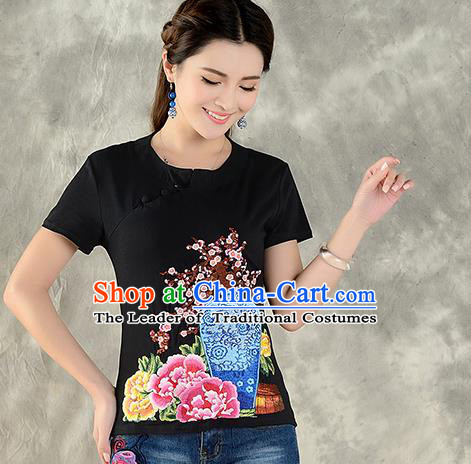 Traditional Ancient Chinese National Costume, Elegant Hanfu Embroidered Round Collar T-Shirt, China Tang Suit Black Blouse Cheongsam Qipao Shirts Clothing for Women