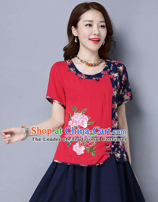 Traditional Chinese National Costume, Elegant Hanfu Multicolor Round Collar T-Shirt, China Tang Suit Red Blouse Cheongsam Qipao Shirts Clothing for Women