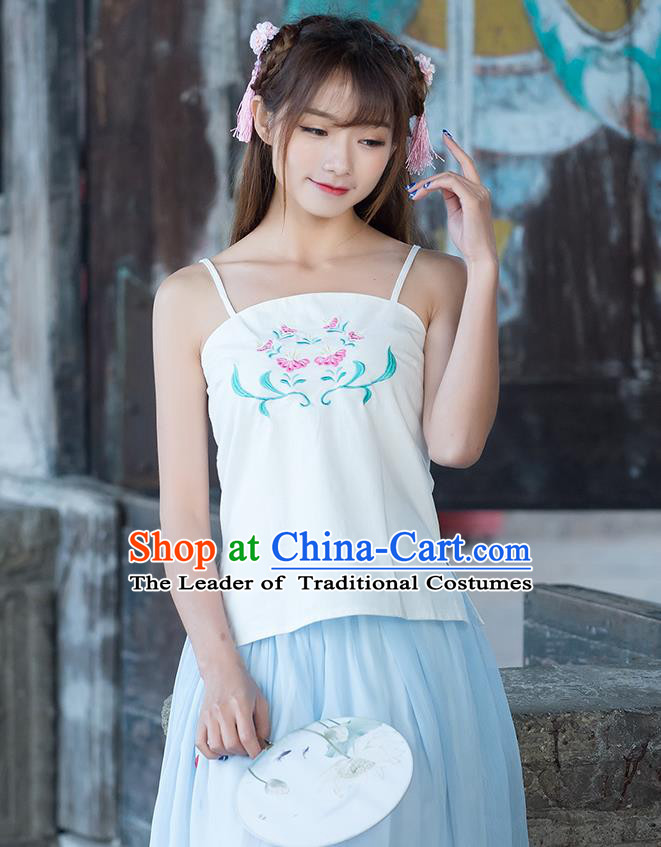Traditional Ancient Chinese National Costume, Elegant Hanfu Bellyband Shirt, China Tang Suit Embroidery Undergarment Blouse Cheongsam Beige Camisole Shirts Clothing for Women