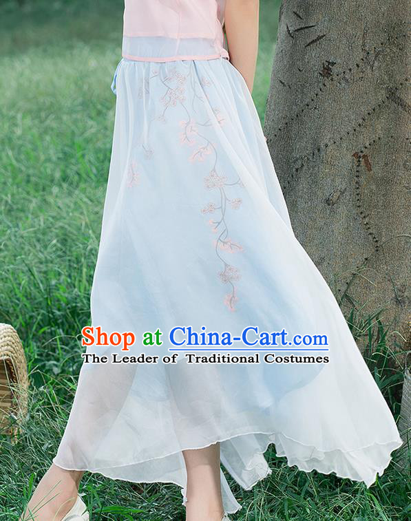 Traditional Ancient Chinese National Pleated Skirt Costume, Elegant Hanfu Embroidered Waistband Long Dress, China Tang Suit Blue Bust Skirt for Women