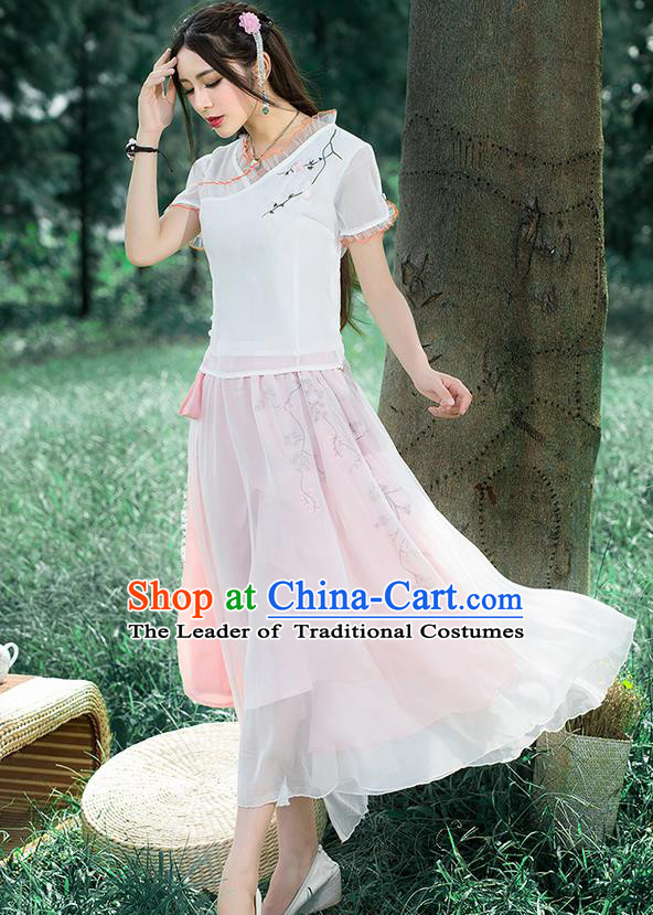 Traditional Ancient Chinese National Pleated Skirt Costume, Elegant Hanfu Embroidered Waistband Long Dress, China Tang Suit Pink Bust Skirt for Women
